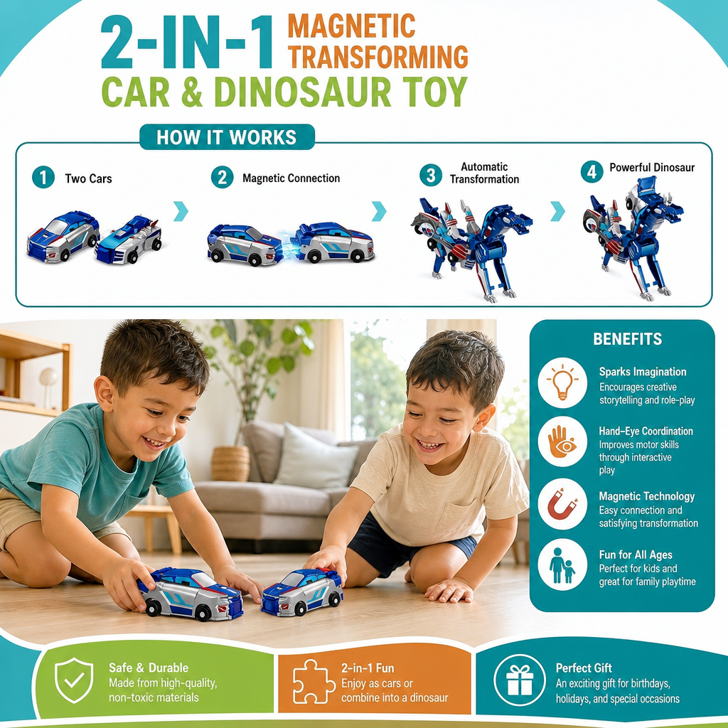 2-in-1 Magnetic Transforming Car & Dinosaur Toy with Automatic Collision Action
