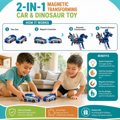 2-in-1 Magnetic Transforming Car & Dinosaur Toy with Automatic Collision Action