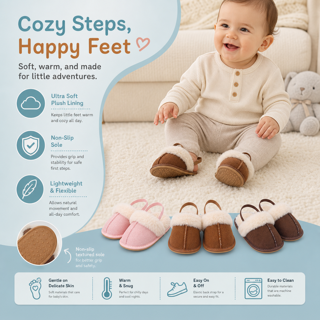 Fluffy Baby & Toddler Slippers with Soft Plush Lining and Non-Slip Soles