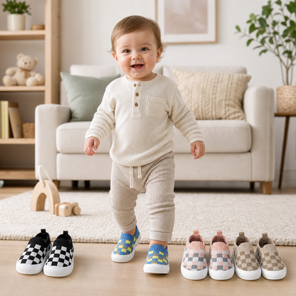 Checkered Lightweight Baby Walking Shoes with Soft, Non-Slip Soles