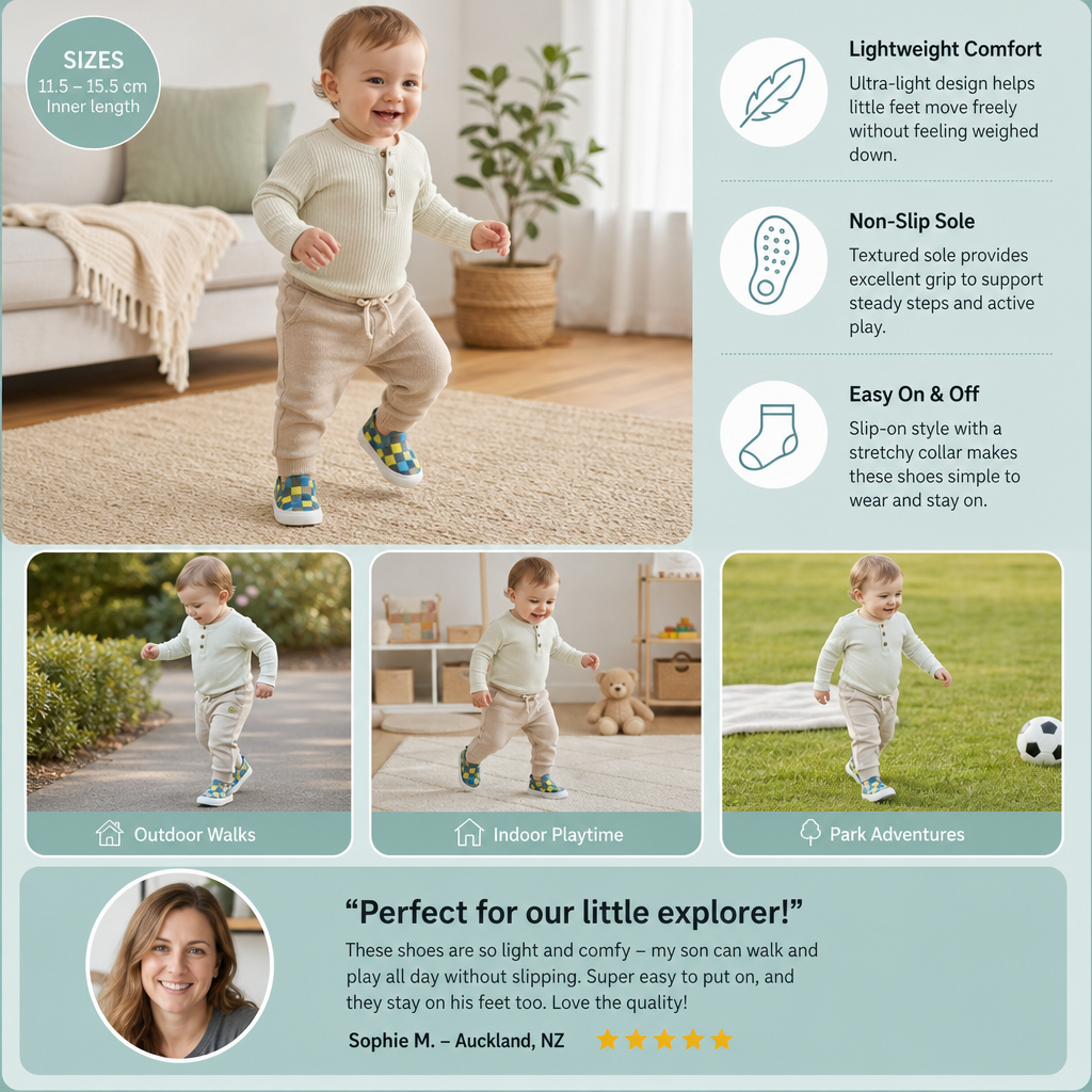 Checkered Lightweight Baby Walking Shoes with Soft, Non-Slip Soles
