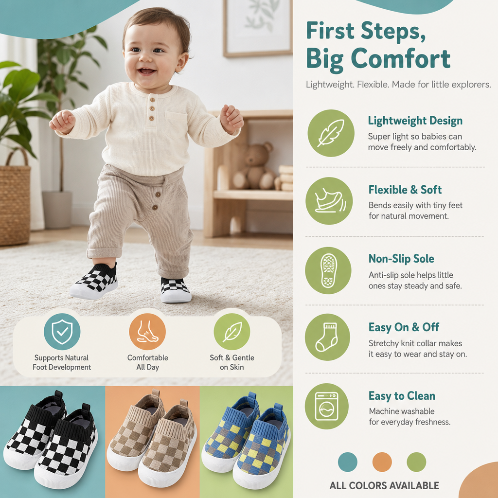 Checkered Lightweight Baby Walking Shoes with Soft, Non-Slip Soles