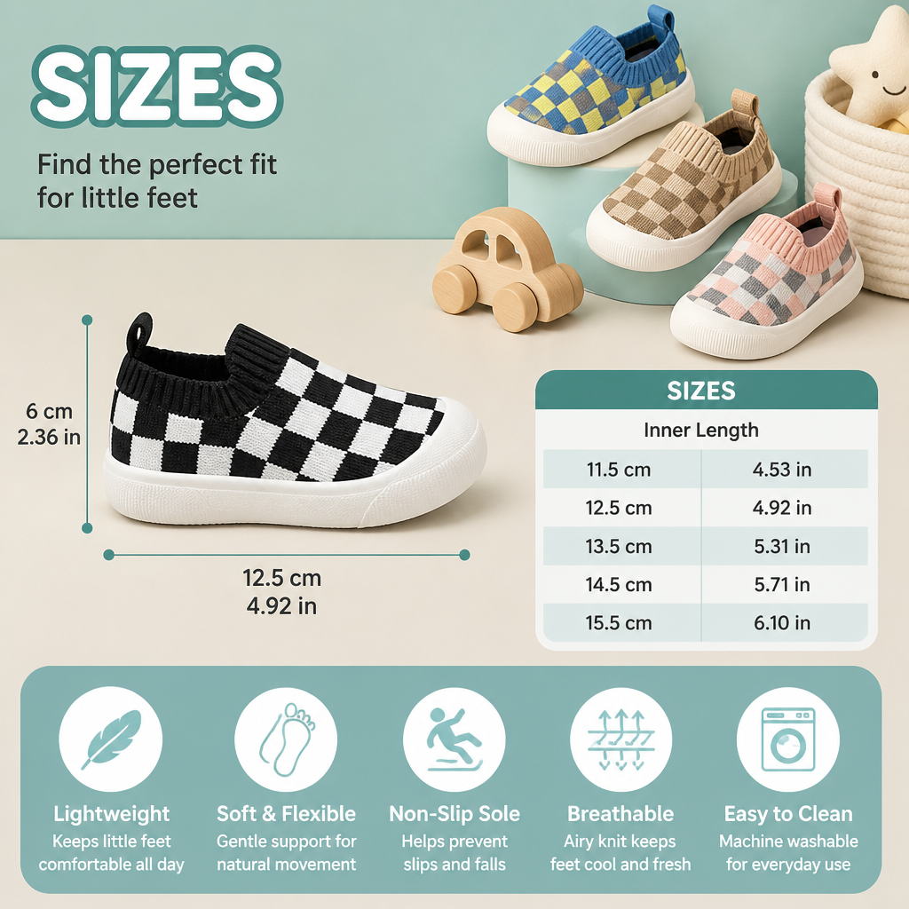 Checkered Lightweight Baby Walking Shoes with Soft, Non-Slip Soles