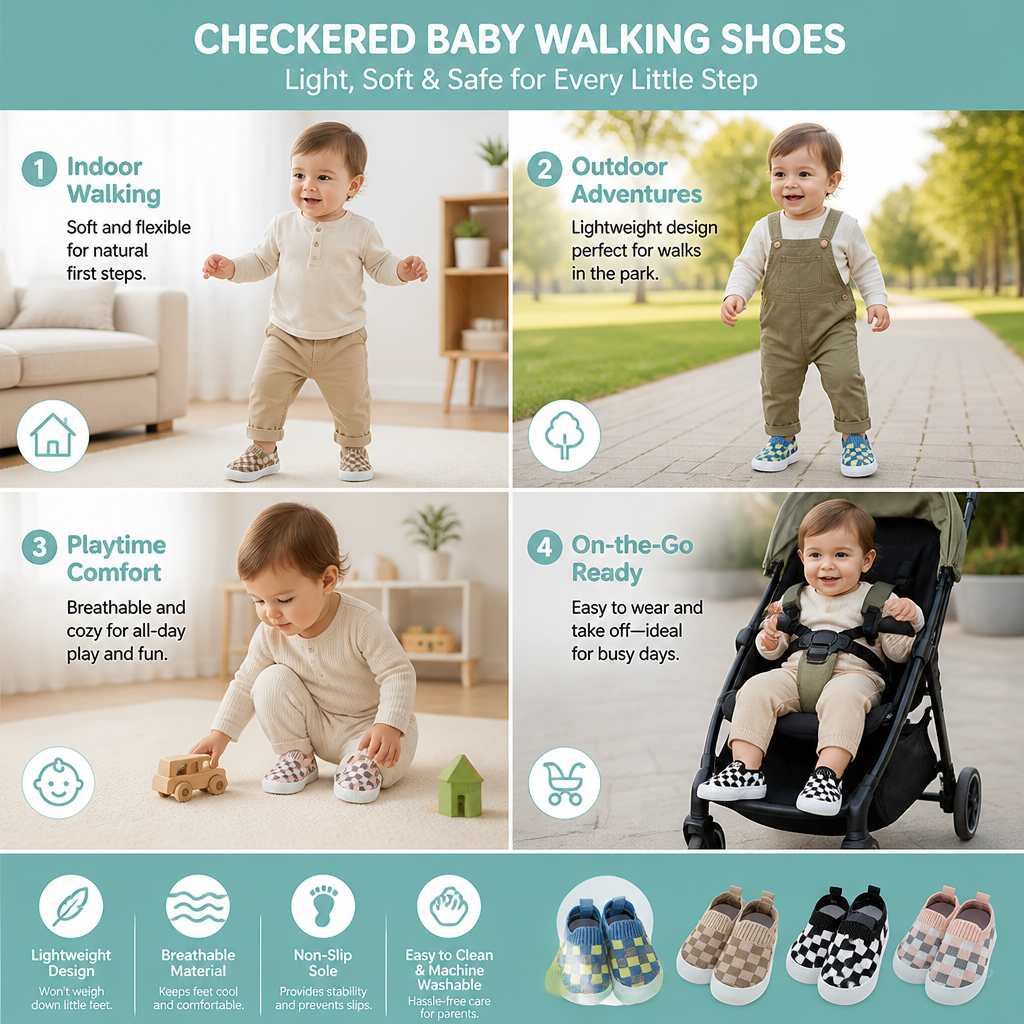 Checkered Lightweight Baby Walking Shoes with Soft, Non-Slip Soles