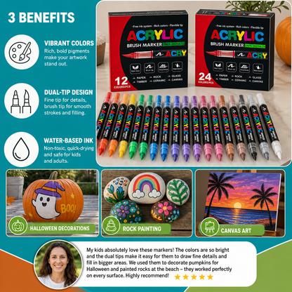 Dual-Tip Acrylic Paint Marker Set with Fine & Brush Tips