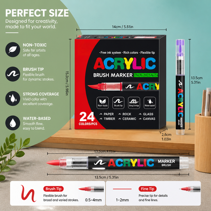 Dual-Tip Acrylic Paint Marker Set with Fine & Brush Tips