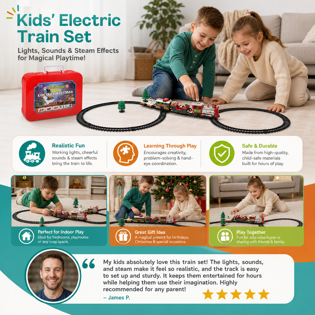Kids’ Electric Train Set with Lights, Sounds & Steam Effects