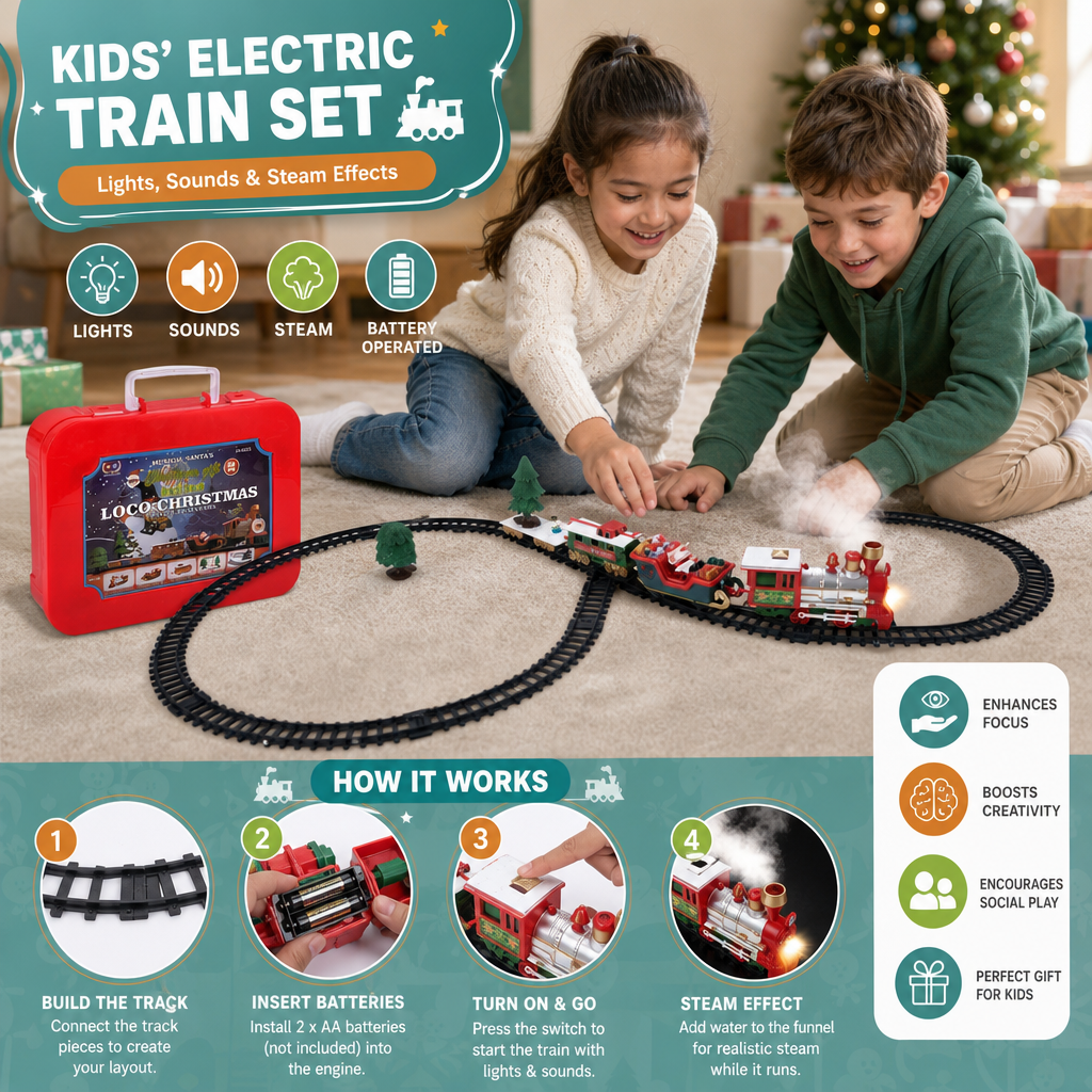 Kids’ Electric Train Set with Lights, Sounds & Steam Effects