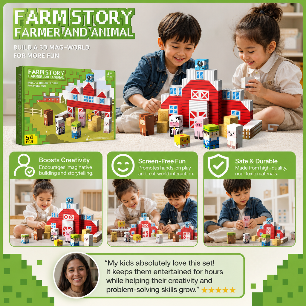 Farm Story Magnetic Building Blocks Travel Playset with Animals & Barn