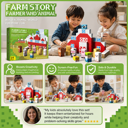 Farm Story Magnetic Building Blocks Travel Playset with Animals & Barn