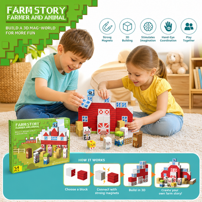 Farm Story Magnetic Building Blocks Travel Playset with Animals & Barn
