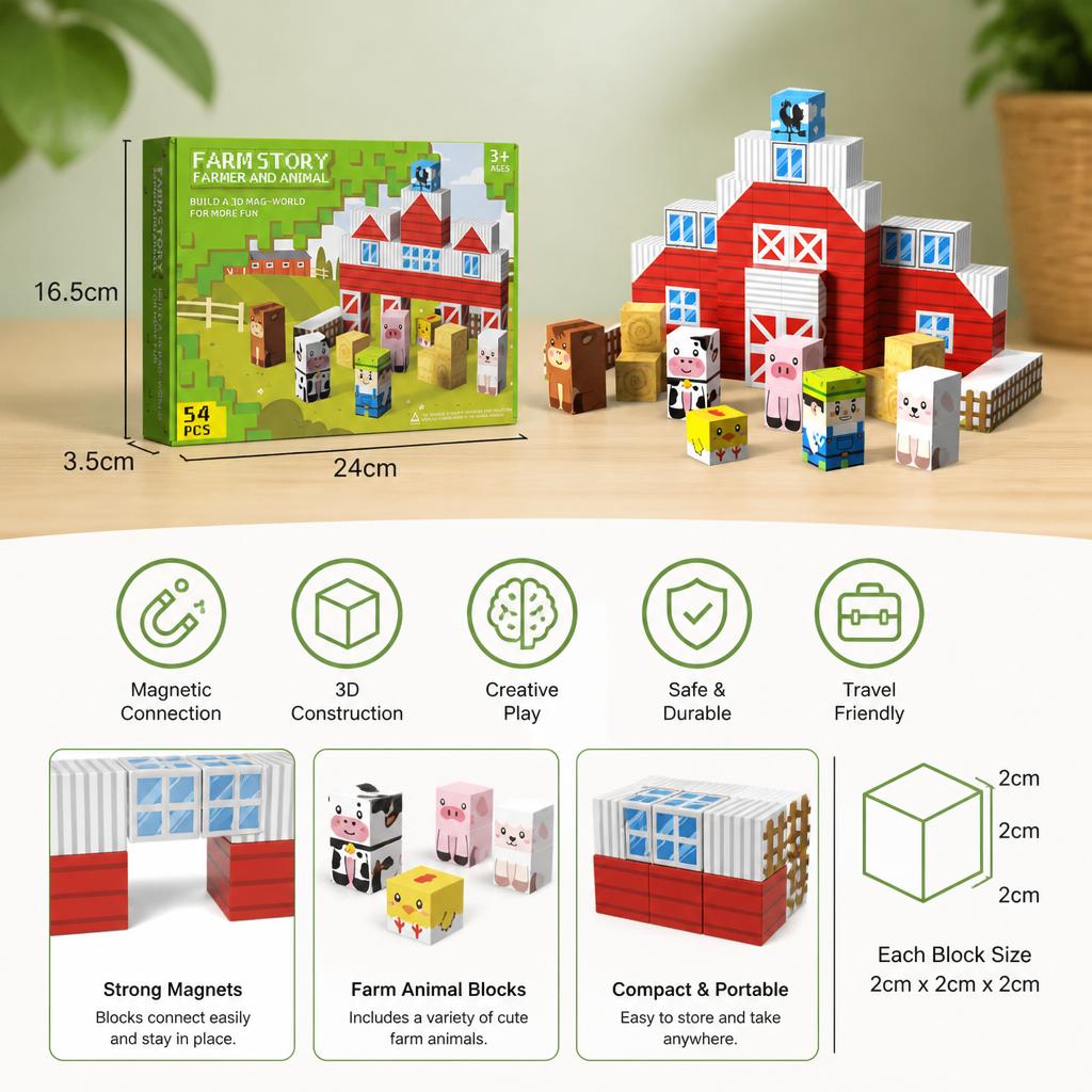 Farm Story Magnetic Building Blocks Travel Playset with Animals & Barn