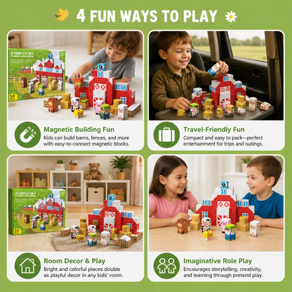 Farm Story Magnetic Building Blocks Travel Playset with Animals & Barn