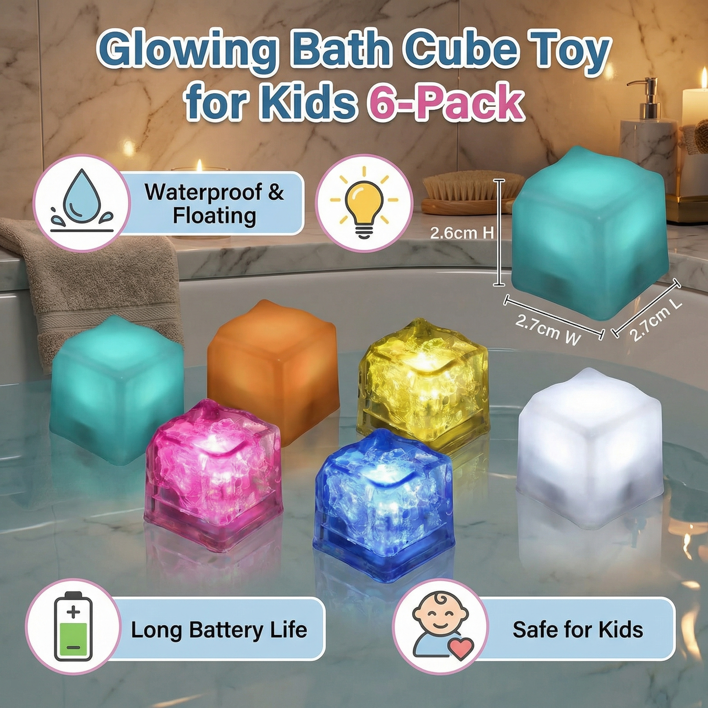 Glowing Bath Cube Toy for Kids 6-Pack