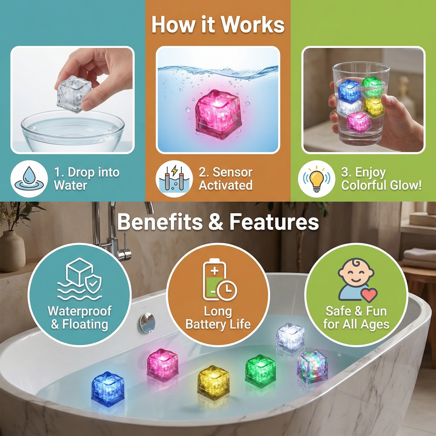 Glowing Bath Cube Toy for Kids 6-Pack