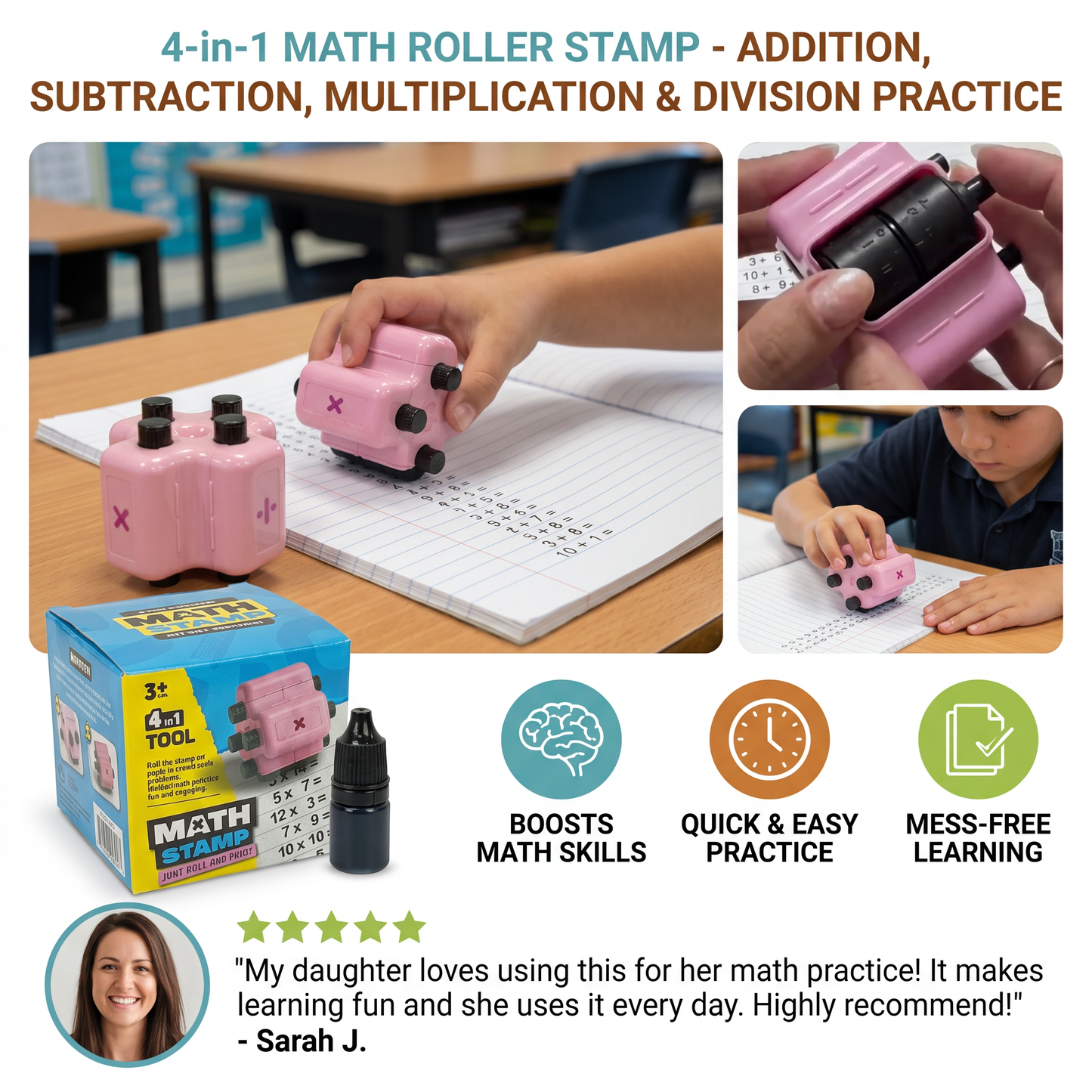 4-in-1 Math Roller Stamp – Addition, Subtraction, Multiplication & Division Practice