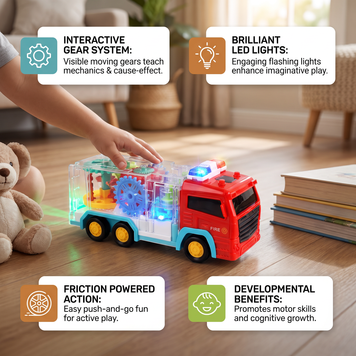 Interactive Gear Fire Truck Toy with Lights