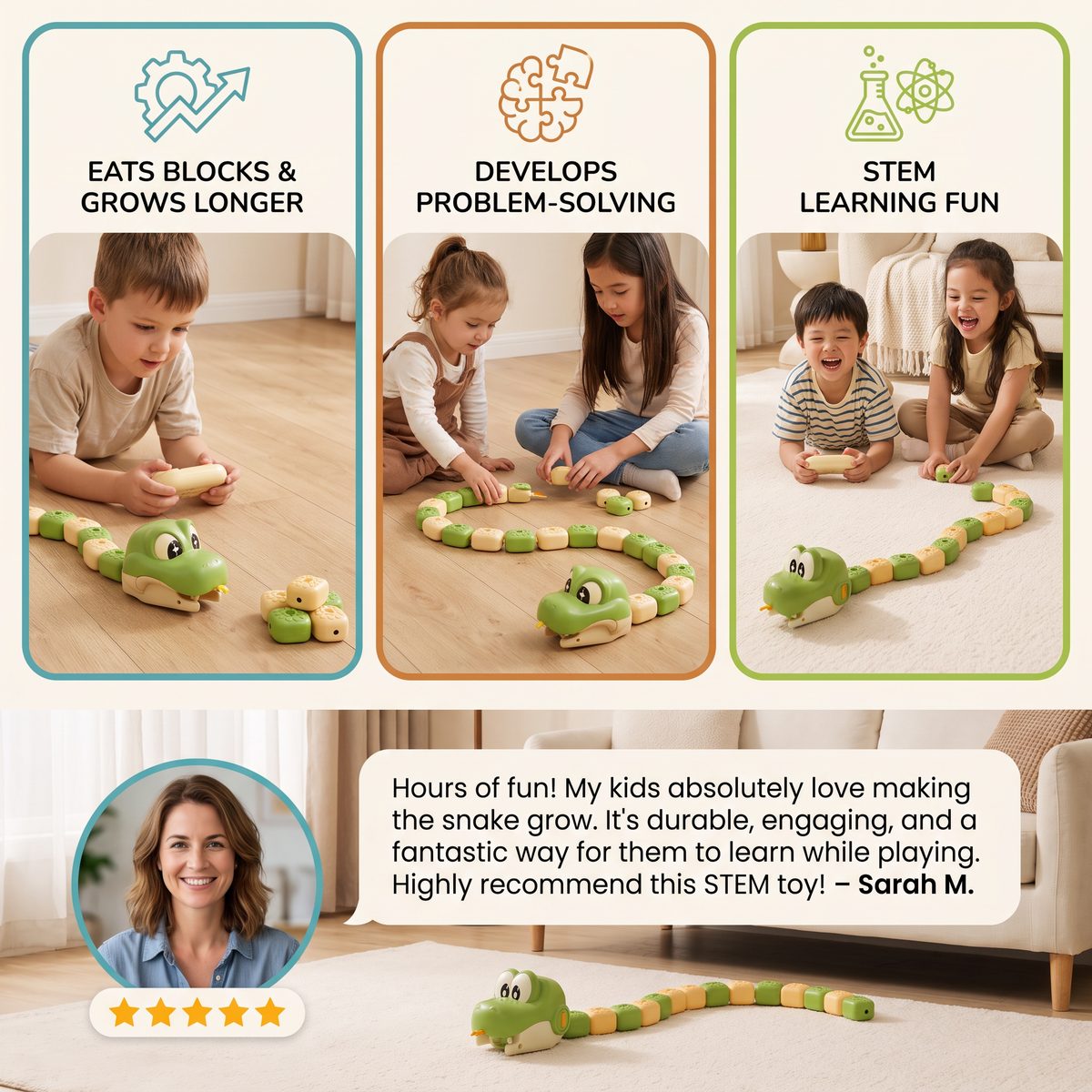 Interactive Growing RC Snake STEM Toy – Eats Blocks & Grows Longer