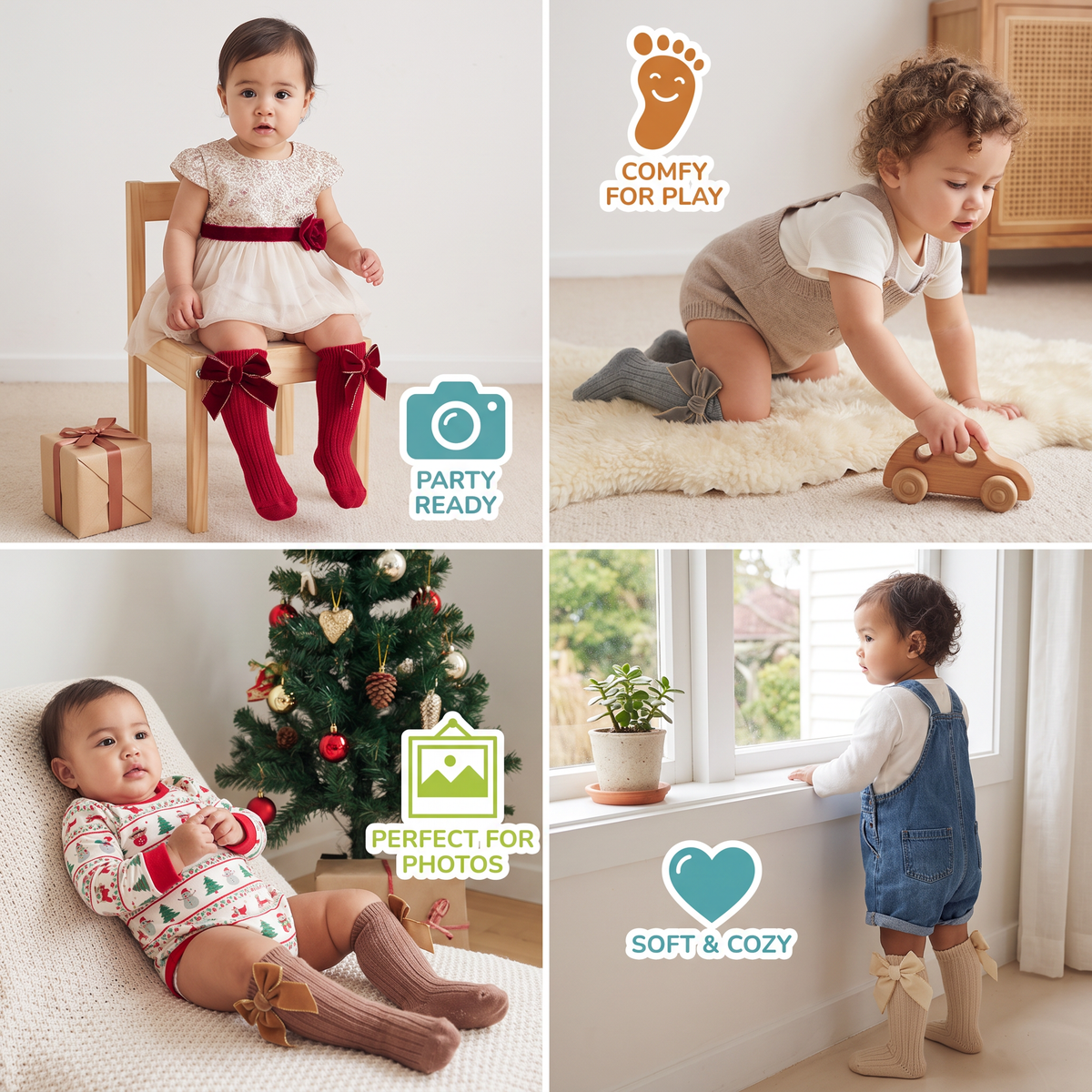 Baby Girls’ Christmas Knee-High Socks with Velvet Bows