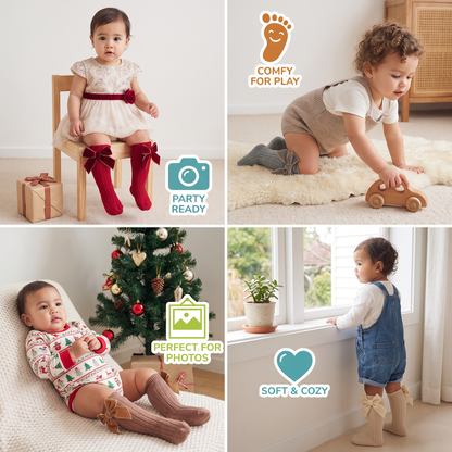 Baby Girls’ Christmas Knee-High Socks with Velvet Bows