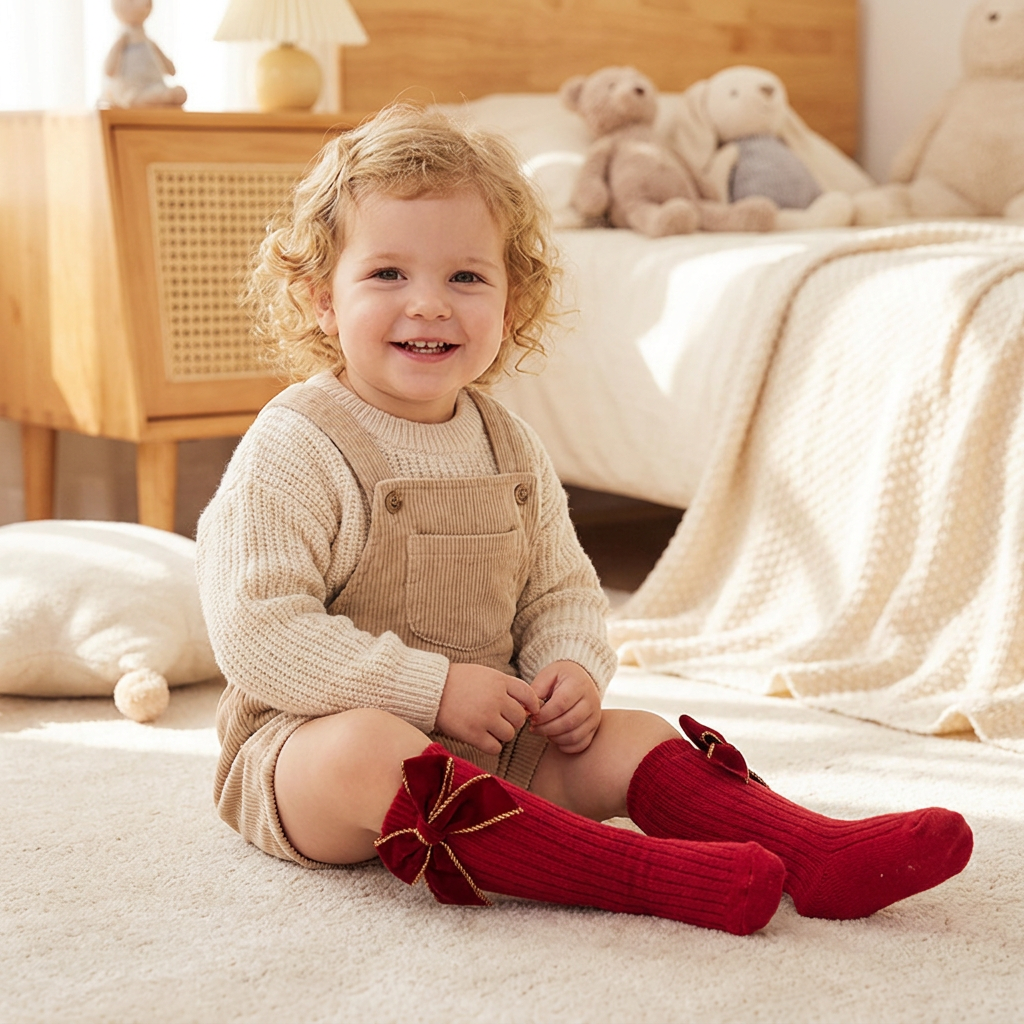 Baby Girls’ Christmas Knee-High Socks with Velvet Bows