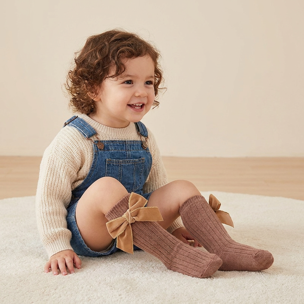 Baby Girls’ Christmas Knee-High Socks with Velvet Bows
