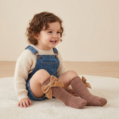 Baby Girls’ Christmas Knee-High Socks with Velvet Bows