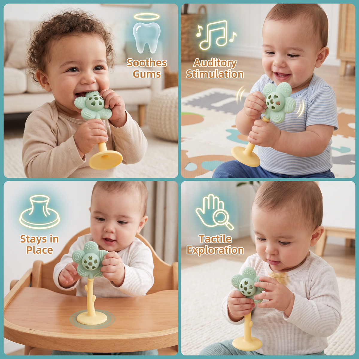 2-in-1 Sunflower Baby Teether & Rattle with Suction Base
