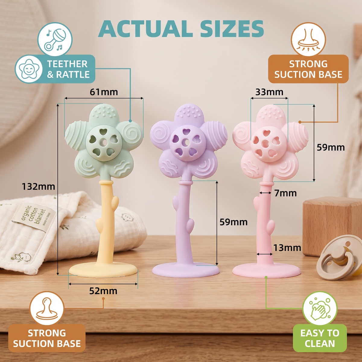 2-in-1 Sunflower Baby Teether & Rattle with Suction Base