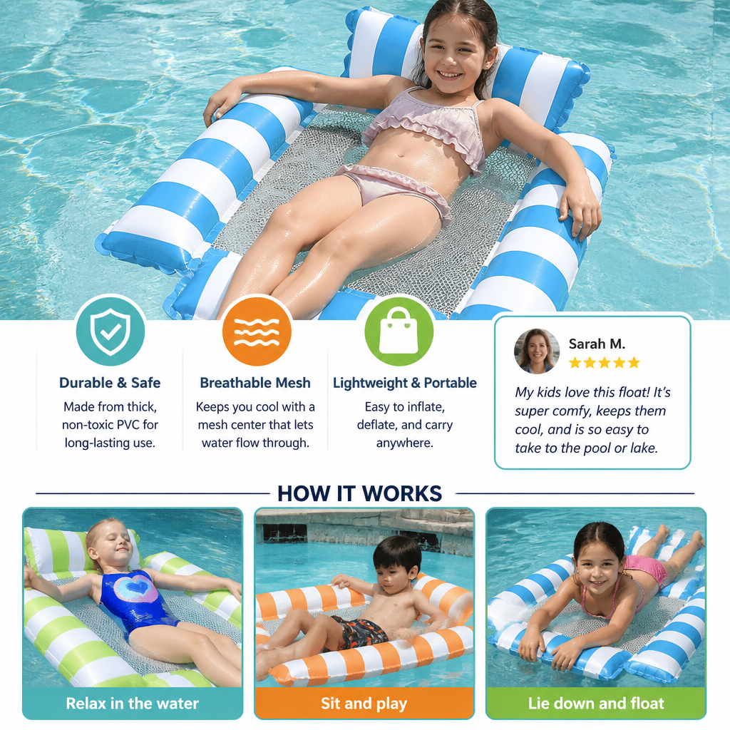 Inflatable Pool Seat for Children – Water Hammock with Mesh Surface