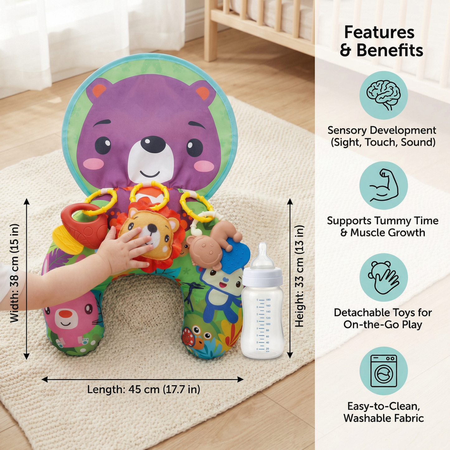 Baby Training Pillow for Tummy Time with Play Arch – Supports Sensory Development & Early Growth