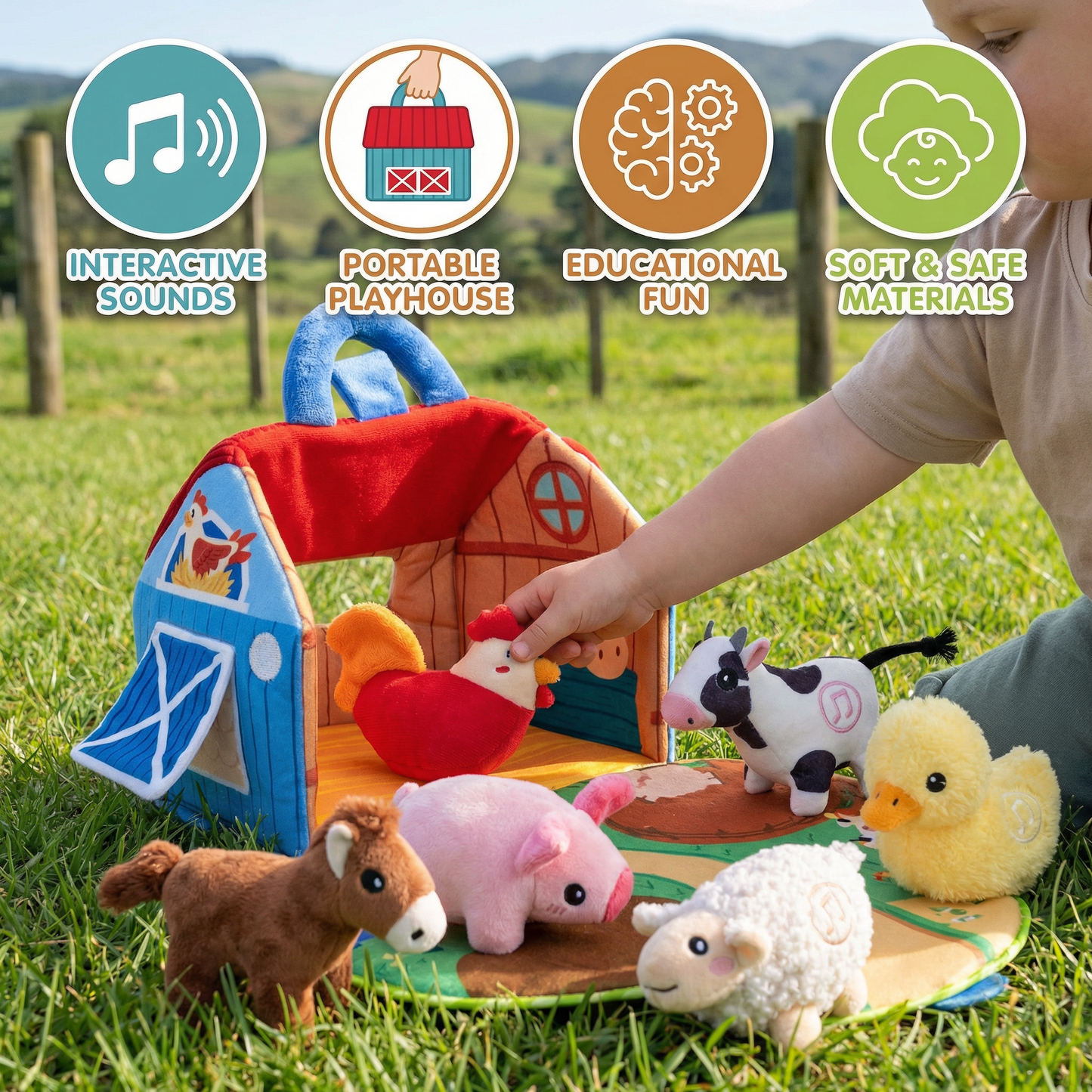 Farm Plush Toy Playset – Interactive Educational Toy with Portable Playhouse
