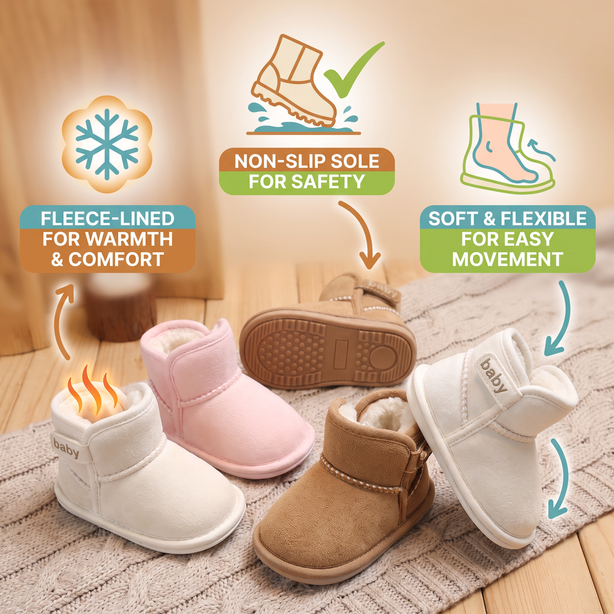 Fleece-Lined Baby Winter Boots with Soft, Non-Slip Soles