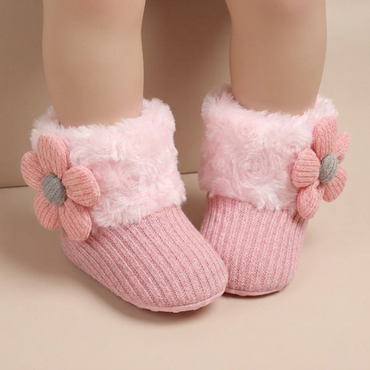 Flower Appliqué Fur Trim Knit Boots