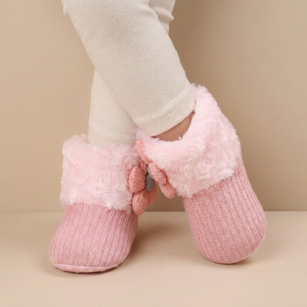 Flower Appliqué Fur Trim Knit Boots