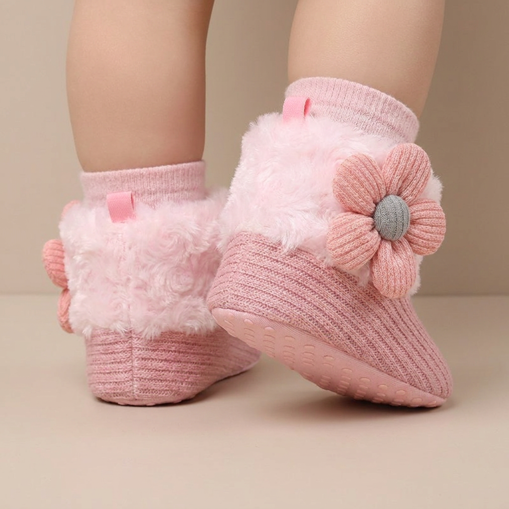 Flower Appliqué Fur Trim Knit Boots