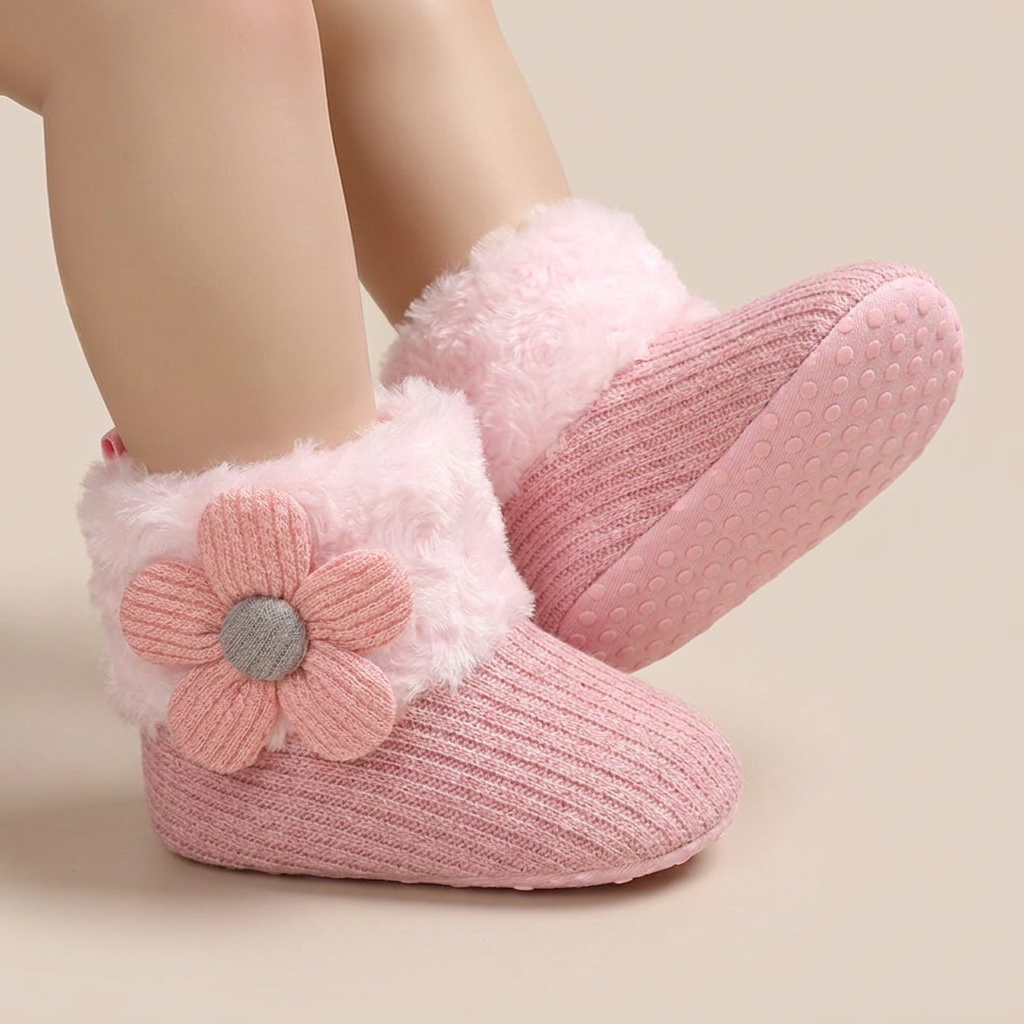 Flower Appliqué Fur Trim Knit Boots