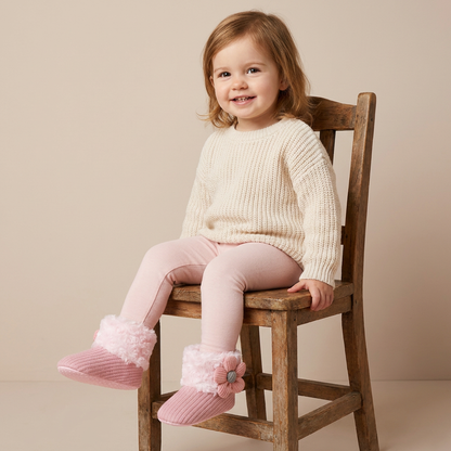 Flower Appliqué Fur Trim Knit Boots