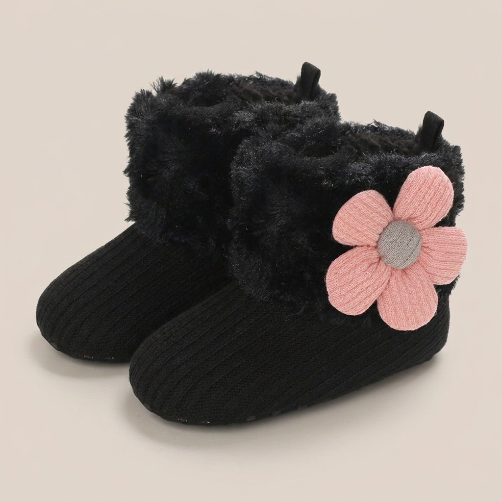 Flower Appliqué Fur Trim Knit Boots