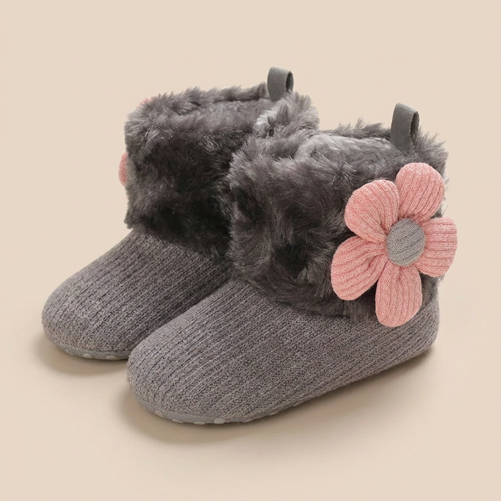 Flower Appliqué Fur Trim Knit Boots