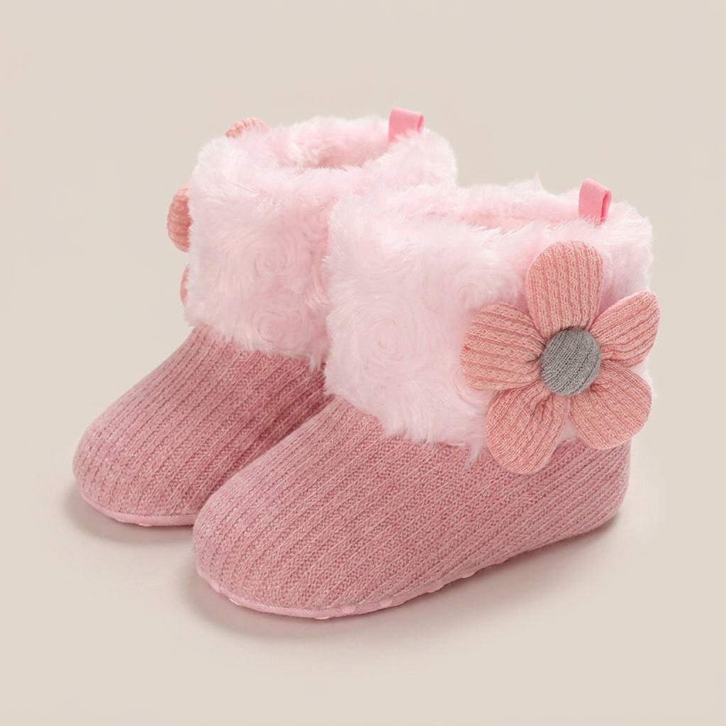 Flower Appliqué Fur Trim Knit Boots