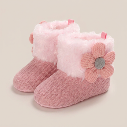 Flower Appliqué Fur Trim Knit Boots