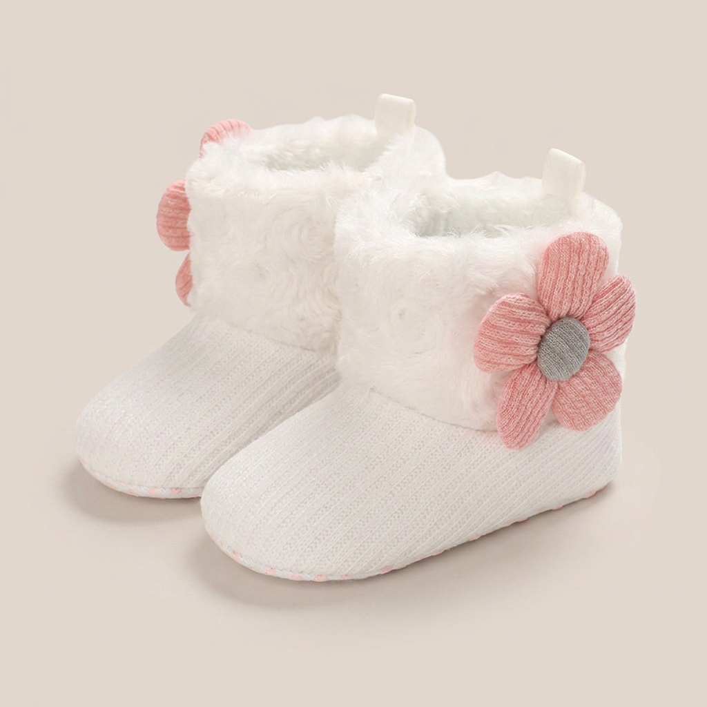 Flower Appliqué Fur Trim Knit Boots