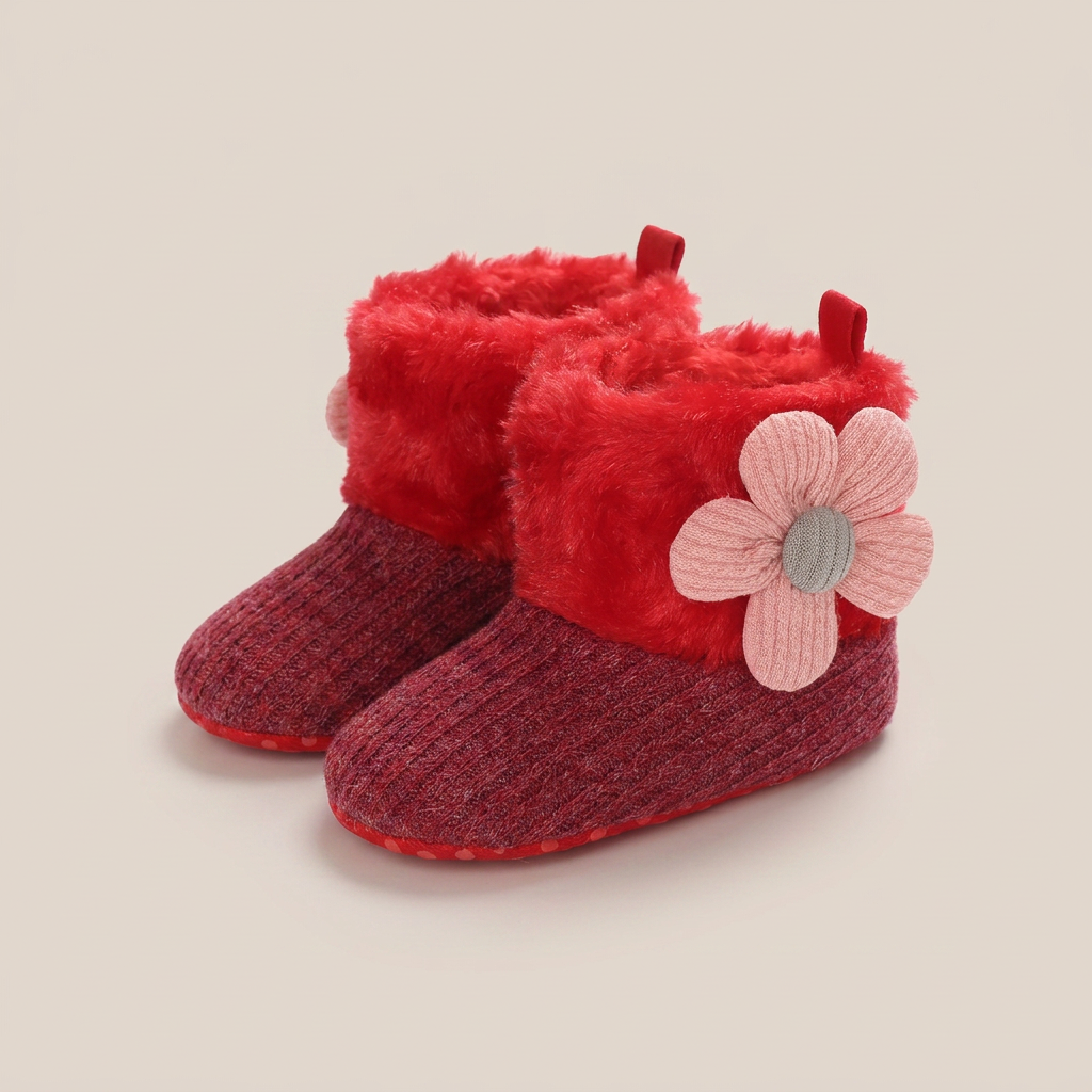Flower Appliqué Fur Trim Knit Boots