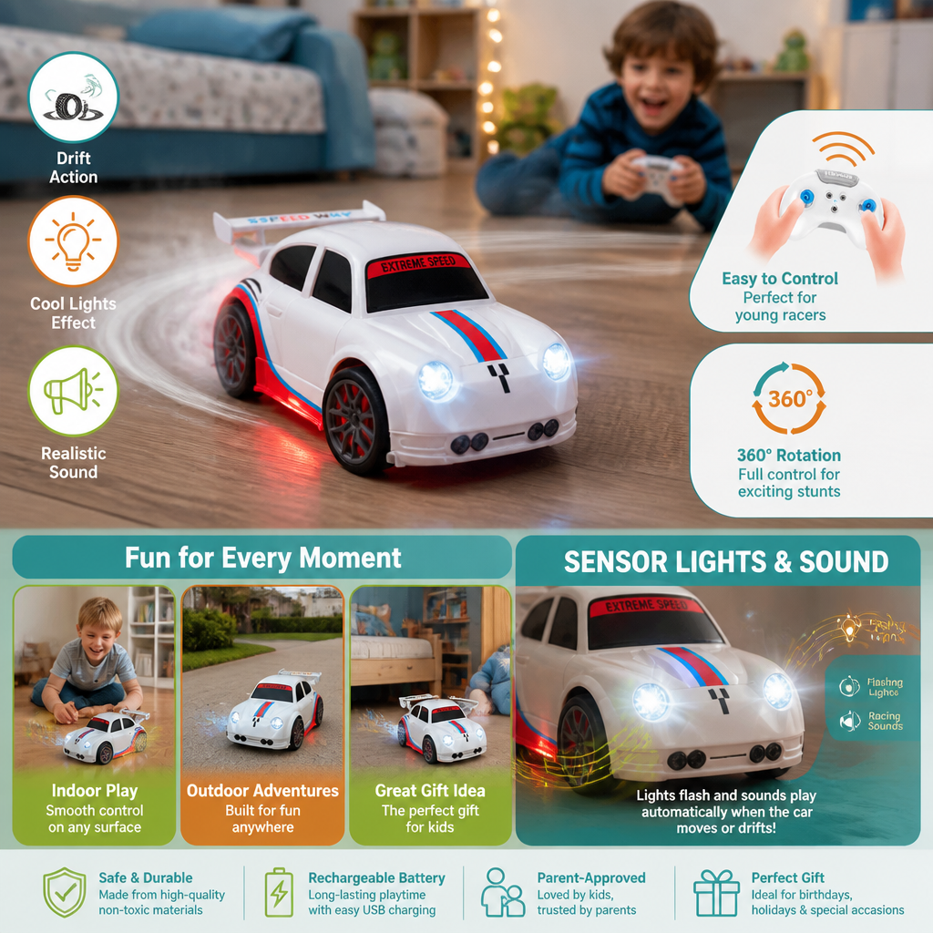RC Racing Drift Car for Kids - Remote Control with Sensor Lights & Sound