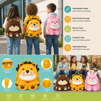 Kids Cartoon Animal Backpack – Lightweight Multi-Pocket School Bag