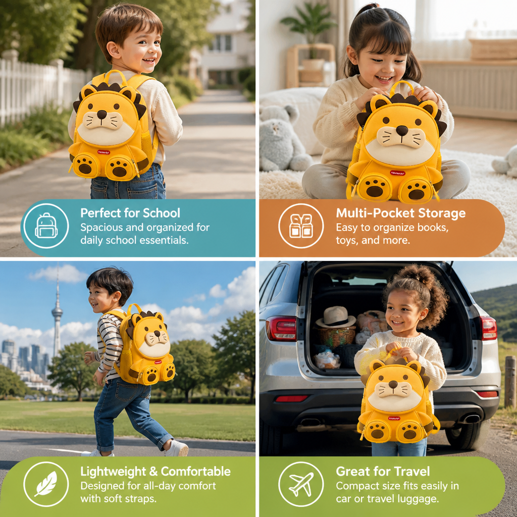 Kids Cartoon Animal Backpack – Lightweight Multi-Pocket School Bag