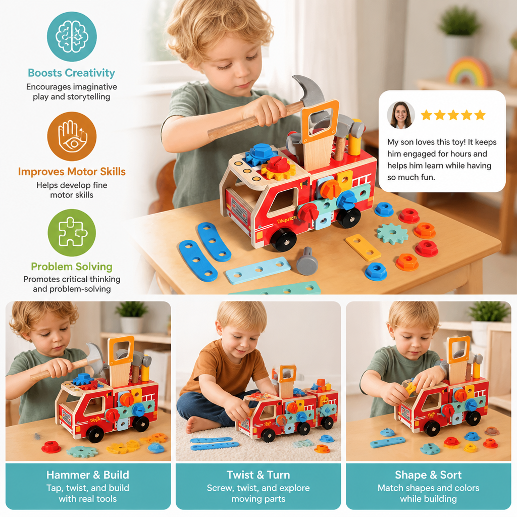 Montessori Wooden Firefighter Tool Box & Building Set