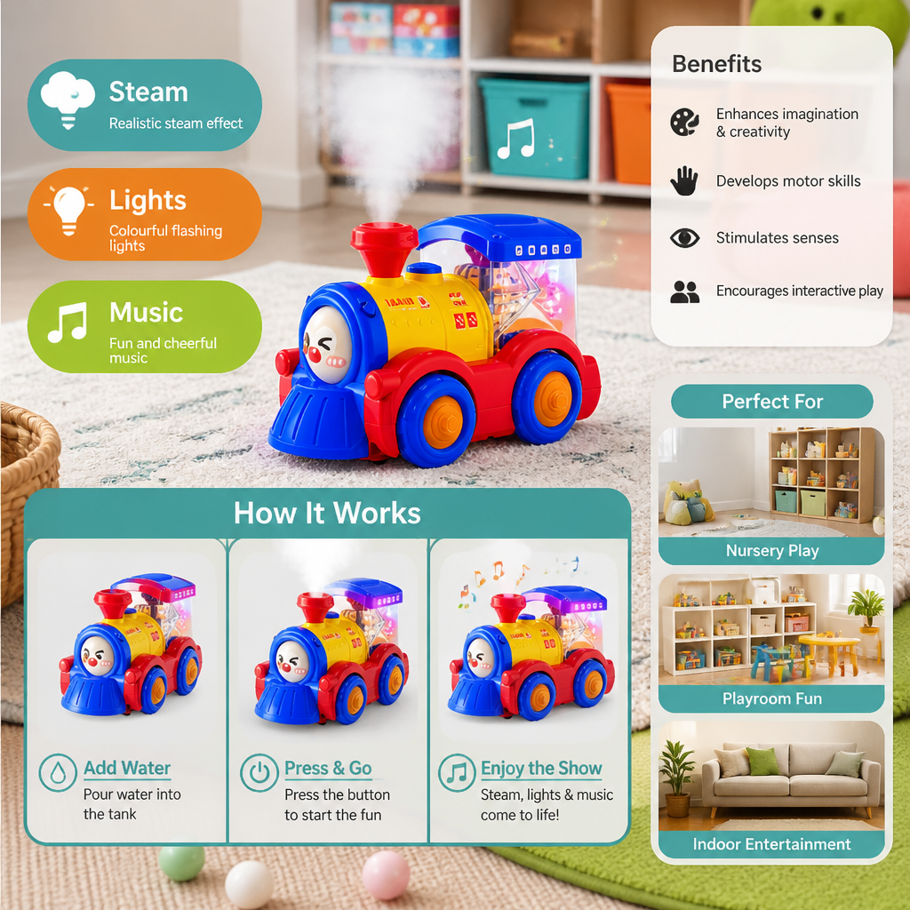 Transforming Train Toy with Steam, Lights & Music