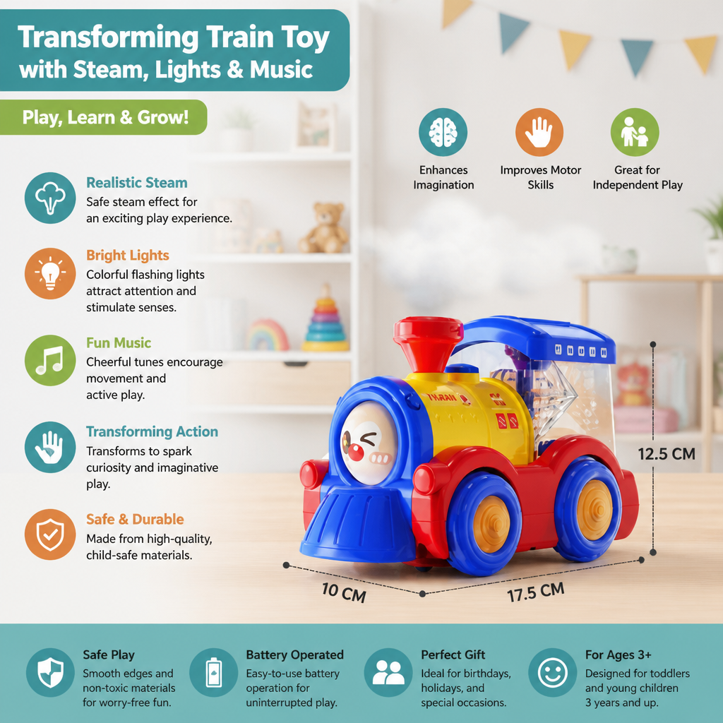 Transforming Train Toy with Steam, Lights & Music